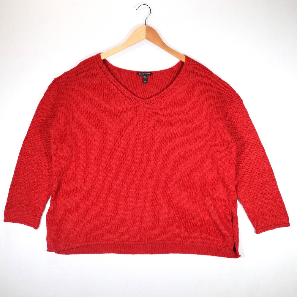 Eileen Fisher Sweater Womens L Red Organic Cotton V-Neck Knit Boxy Casual